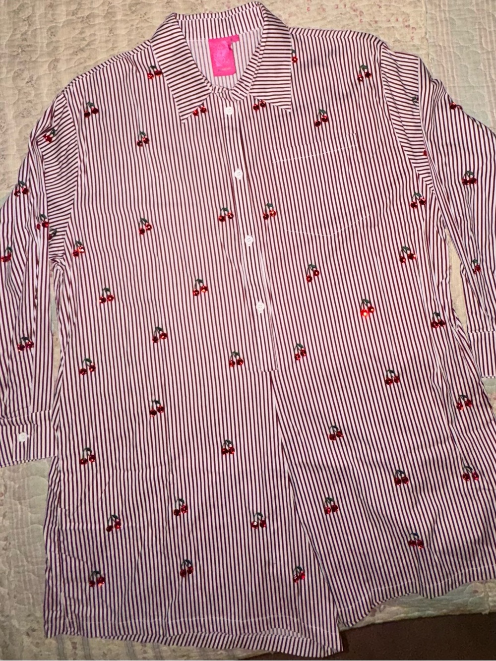 Queen of Sparkles Maroon and White Striped Button Romp w/Cherry 🍒 Stone Accents